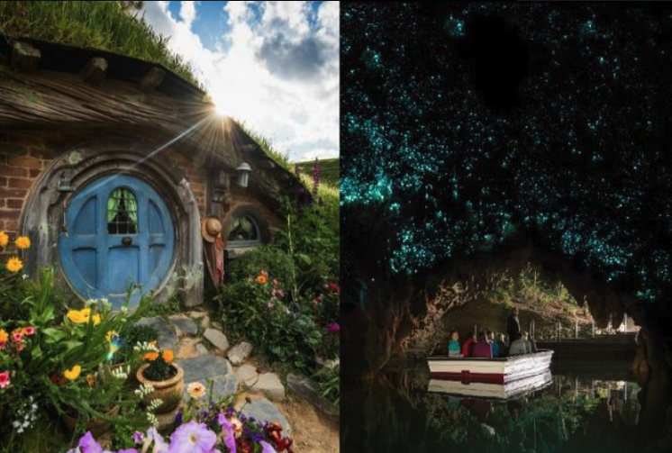 split photo: left - blue hobbiton hobbit door; right - boat in waitomo caves with gloworms